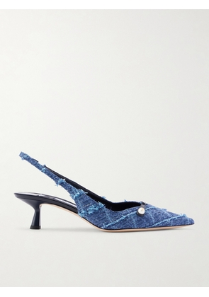 Jimmy Choo - Amita 45 Leather-trimmed Frayed Denim Slingback Pumps - Blue - IT36,IT36.5,IT37,IT37.5,IT38,IT38.5,IT39,IT39.5,IT40,IT40.5,IT41,IT41.5,IT42