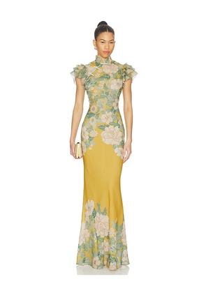 SAU LEE Stella Chiffon Dress in Sage,Mustard. Size 2. Also in 00, 0, 4, 6, 8, 10, 12.