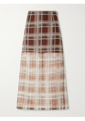 FRAME - Checked Silk-organza Midi Skirt - Brown - US0,US2,US4,US6,US8,US10,US12