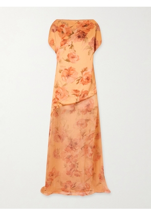 Dima Ayad - Floral-print Chiffon-trimmed Satin Gown - Orange - x small,small,medium,large,x large