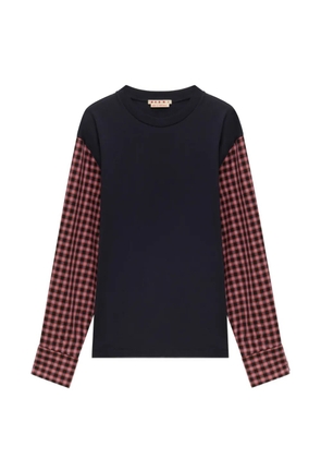 Marni deep blue cotton T-shirt with checked shirt-sleeves