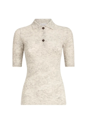 Brunello Cucinelli silk, alpaca and wool flower-lace knit polo - Neutrals