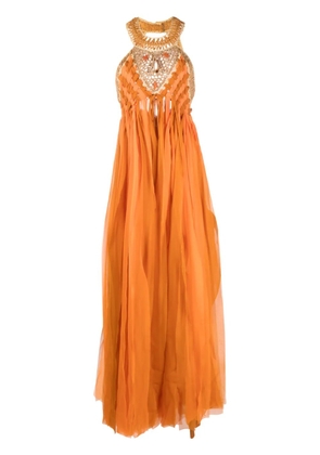 Alberta Ferretti stone-embellished fringed maxi dress - Orange
