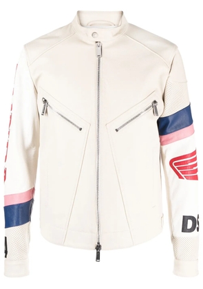 DSQUARED2 logo-patch leather biker jacket - Neutrals
