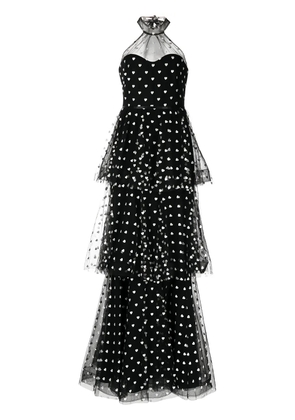 Marchesa Notte heart-print tiered maxi gown - Black
