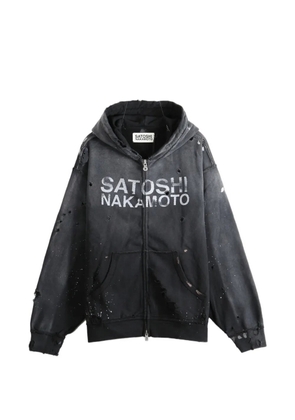SATOSHI NAKAMOTO distressed logo-print hoodie - Grey