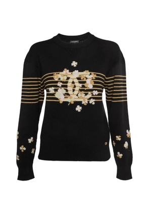 CHANEL Pre-Owned logo floral-detail long sleeve sweater - Black
