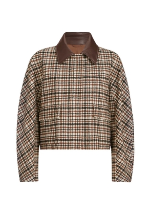 Brunello Cucinelli comfort checked wool and alpaca outerwear jacket with leather-collar and monili - Neutrals