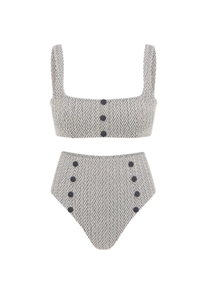 Devon Windsor Malia herringbone-pattern button-detail bikini - Neutrals
