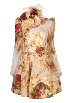 ZIMMERMANN floral-appliqué silk mini dress - Neutrals