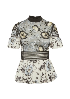 Self-Portrait floral-embroidered ruffled blouse - White