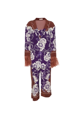 Valentino Garavani Pre-Owned floral-print feather-trim pajamas - Purple