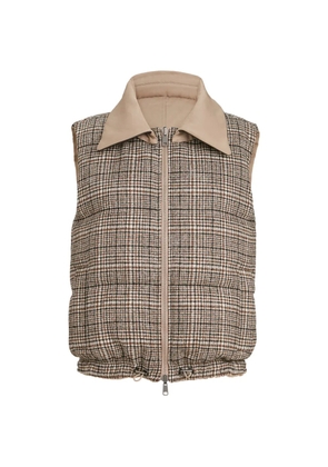 Brunello Cucinelli twill and Prince-of-Wales reversible down vest with detachable-leather-collar and monili - Neutrals