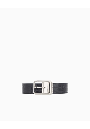 Leather tongue belt with crocodile print and metal buckle