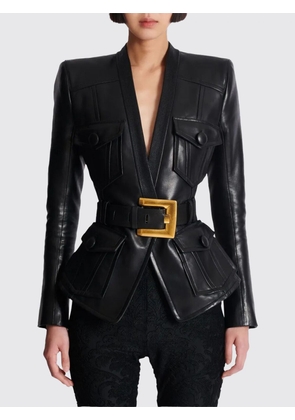 BALMAIN Cropped Lamb Leather Jacket with Belt and Padded Shoulders