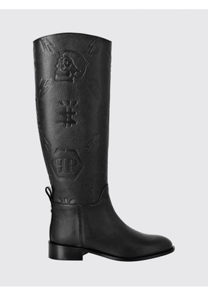 PHILIPP PLEIN Knee-High Boots in Grained Leather with Embossed Hexagon Logo