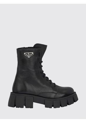 PHILIPP PLEIN Lace-Up Combat Boots in Grained Leather with Lug Sole and Heel