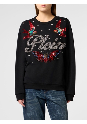 PHILIPP PLEIN Crewneck Cotton Sweatshirt with Logo and Jewelled Embellishments