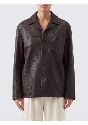 SAINT LAURENT Cropped Lambskin Leather Shirt Jacket with Patch Pockets