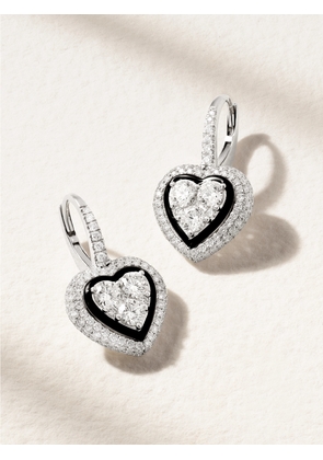 Kamyen - Heart 18-karat White Gold, Diamond And Enamel Hoop Earrings - Silver - One size