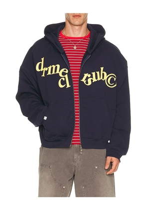 DRMERS CLUB Hanging Letters Zip Up Hoodie in Blue. Size S. Also in M, L, XL/1X.