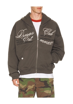 DRMERS CLUB Cursive Zip Up Hoodie in Grey. Size S. Also in M, L, XL/1X.
