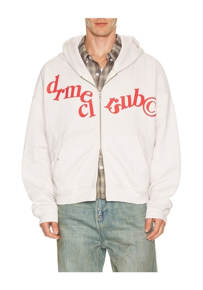 DRMERS CLUB Hanging Letters Zip Up Hoodie in White. Size S. Also in M, L, XL/1X.