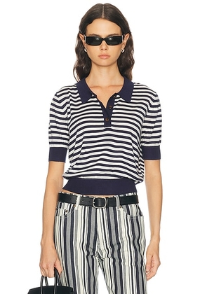 RENGGLI Silk Cashmere Stripe Knit Polo Top in Midnight & Chalk - Navy. Size S (also in XS, M).