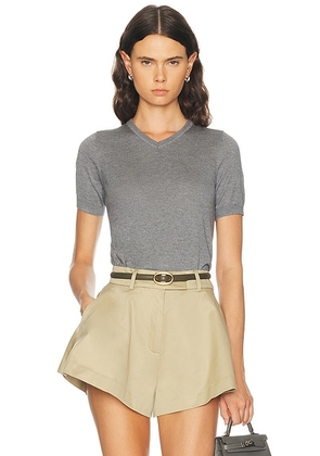 RENGGLI Silk Cashmere V-Neck Knit Tee in Pebble - Grey. Size S (also in XS, M, L).