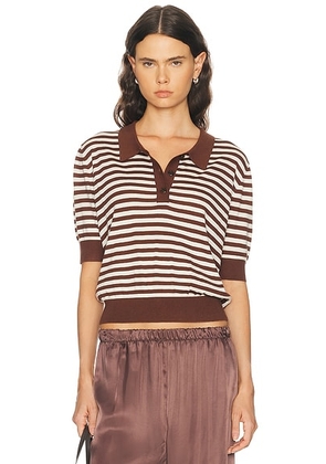 RENGGLI Silk Cashmere Stripe Knit Polo Top in Truffle & Ecru - Brown. Size L (also in XS, S, M).