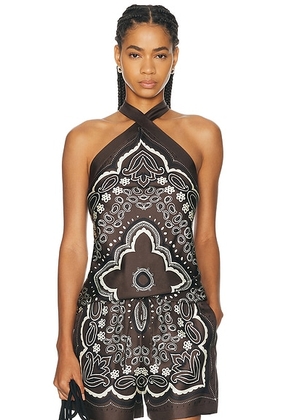 NILI LOTAN Solal Silk Halter Top in Brown & Ivory Bandana - Brown. Size S (also in XS, L).