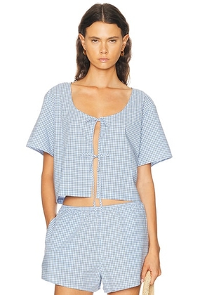 LUNYA Airy Cotton Tie Front Top in Market Check - Blue. Size L (also in XS, S, M).