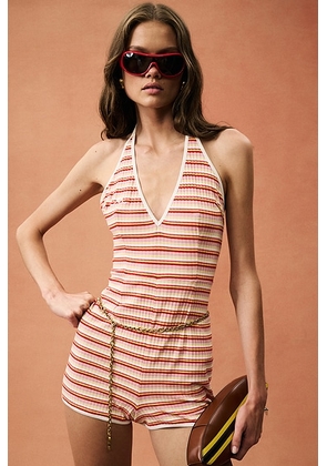 Rowen Rose for FWRD V-Neck Romper in Pink Stripes - Pink. Size L (also in S, XS, M).