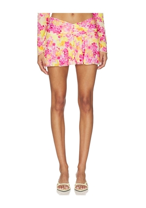 Indah Leo Printed Crossover Gathered Band Mini Skirt in Yellow,Pink. Size S. Also in XS, M, L.