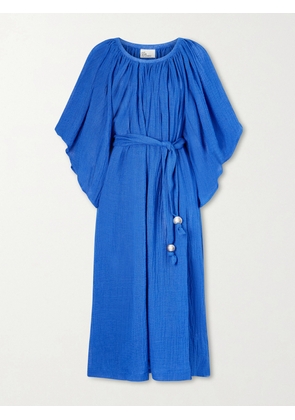 Lisa Marie Fernandez - Embellished Belted Crinkled Linen-blend Gauze Midi Dress - Blue - 1,2,3,4