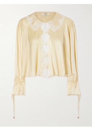 Chloé - Gathered Lace-trimmed Silk-satin Blouse - Yellow - FR 34,FR 36,FR 38,FR 40,FR 42,FR 44,FR 46