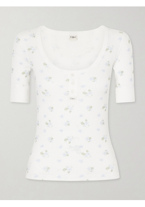Chloé - Floral-print Waffle-knit Cotton-jersey T-shirt - White - x small,small,medium,large,x large