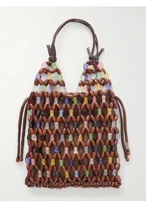 STAUD - Kelly Leather-trimmed Beaded Wood And Glass Satin Tote - Brown - One size