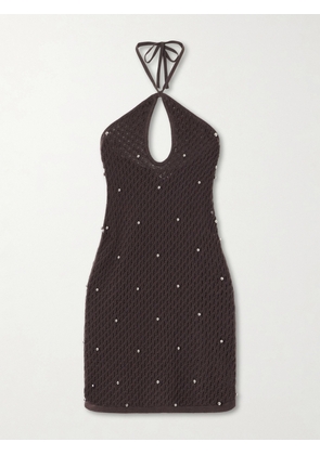 STAUD - Isola Embellished Crocheted Cotton Halterneck Mini Dress - Brown - x small,small,medium,large,x large