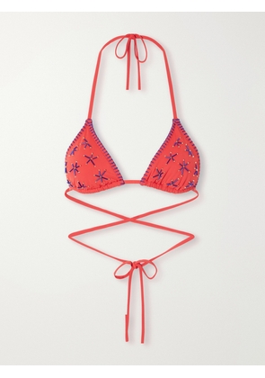 STAUD - Lido Bead-embellished Triangle Bikini Top - Red - x small,small,medium,large,x large