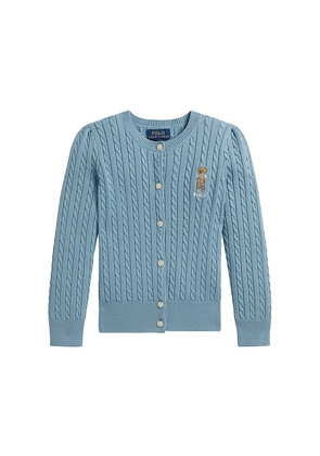 Polo Ralph Lauren Kids Long Sleeve Cotton Mini Cable Knit Bear Cardigan in Blue. Size 6. Also in 2, 3, 4, 5.