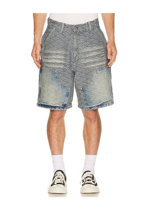 Ryoko Rain Seigaiha Denim Shorts in Blue. Size 30. Also in 32, 34, 36.
