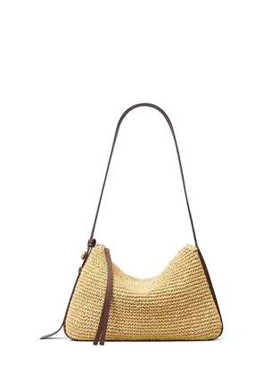 Tory Burch Romy Straw Shoulder Bag in Tan.