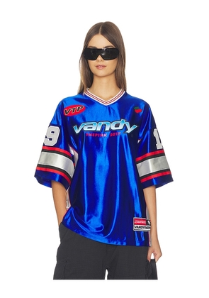 VANDYTHEPINK Cherry Football Jersey in Blue. Size L. Also in XS, S, M, XL/1X.