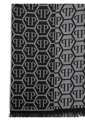 Philipp Plein monogram-pattern fringed-edge scarf - Black