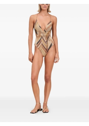 Devon Windsor Uchi zigzag-print tassel-detail swimsuit - Neutrals