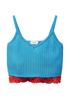 Versace lace-trim viscose-blend ribbed knit tank top - Blue