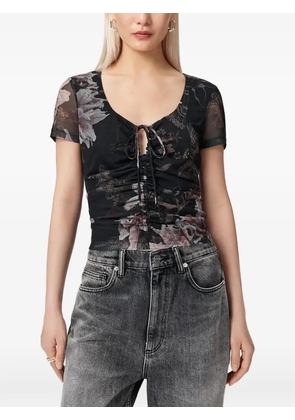 AllSaints floral-print slim fit ruched T-shirt - Black