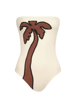 Johanna Ortiz palm-motif textured strapless swimsuit - Neutrals