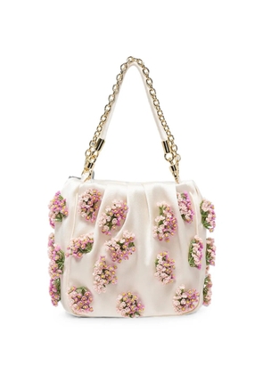 Self-Portrait floral-beaded ruched shoulder bag - Neutrals
